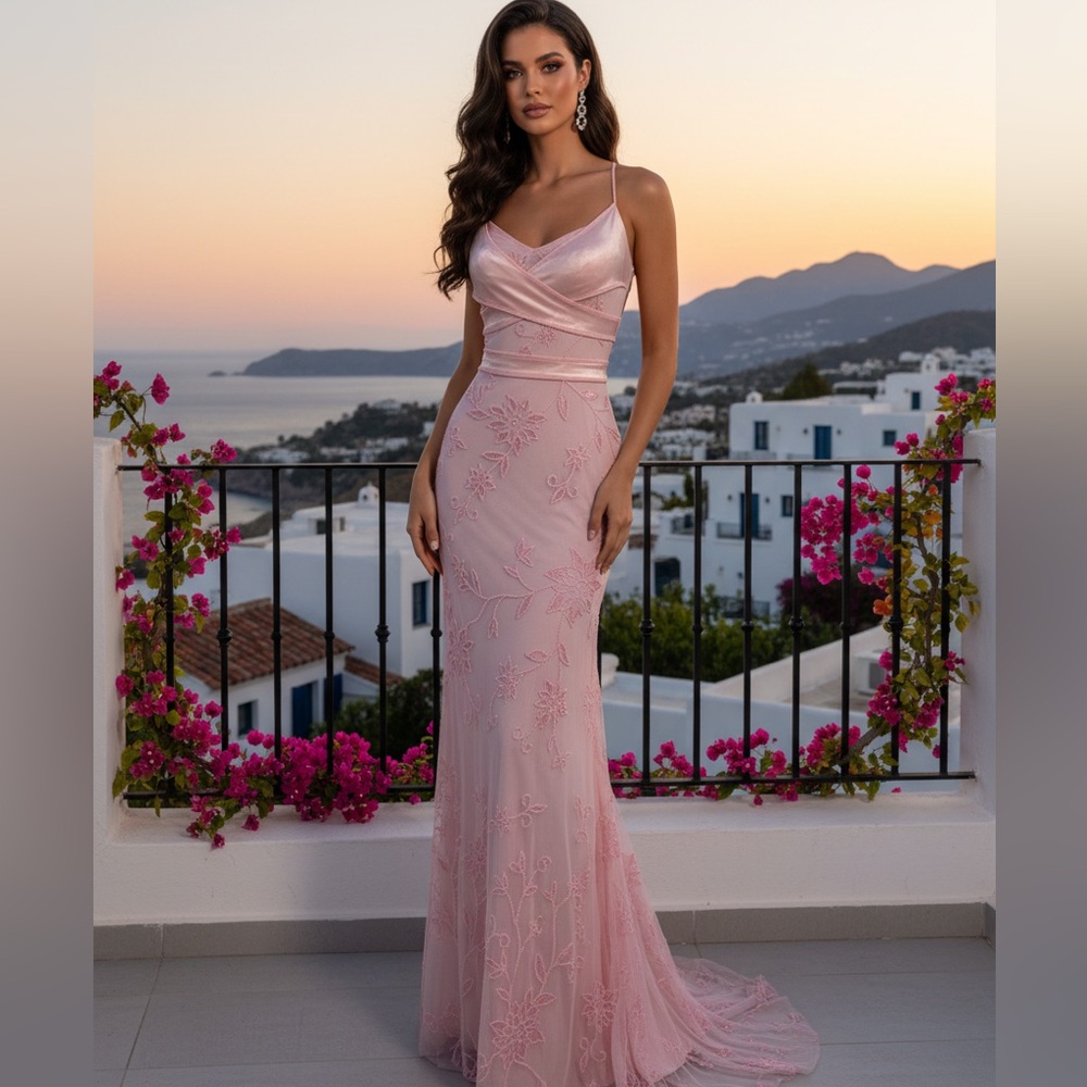 Chic‎ baby pink hand beaded Attitudes by Debra long Dress with Floral Details